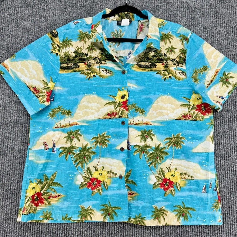 Puanani Hawaiian Shirt Men 1XL Blue Island Scene Print Made Hawaii